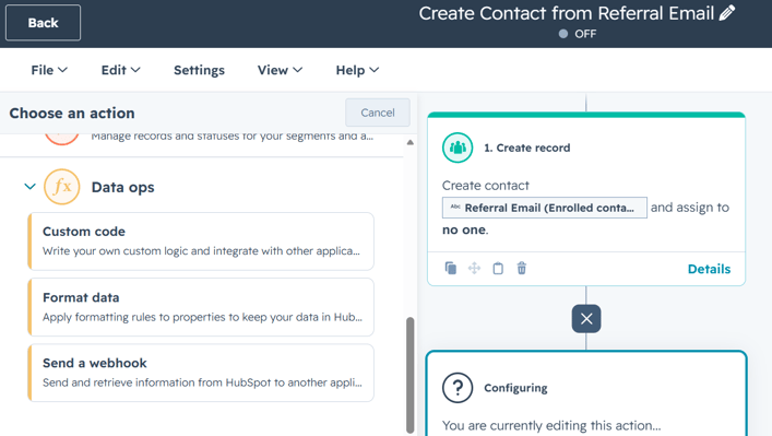 HubSpot workflow editor screen